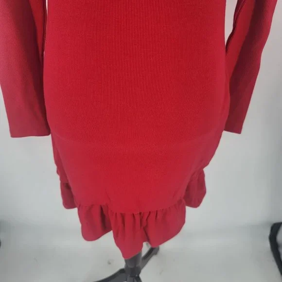 AVEC LES FILLES Women's Red Cold Shoulder Ruffled Ribbed Dress Medium NWT - Picture 4 of 9